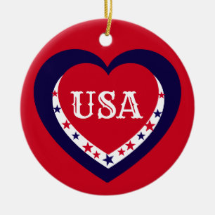 Décoration En Céramique Coeur de Noël rouge blanc bleu patriotique USA