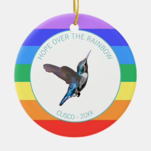 Décoration En Céramique Colibri bleu sur couleurs de l'arc-en-ciel