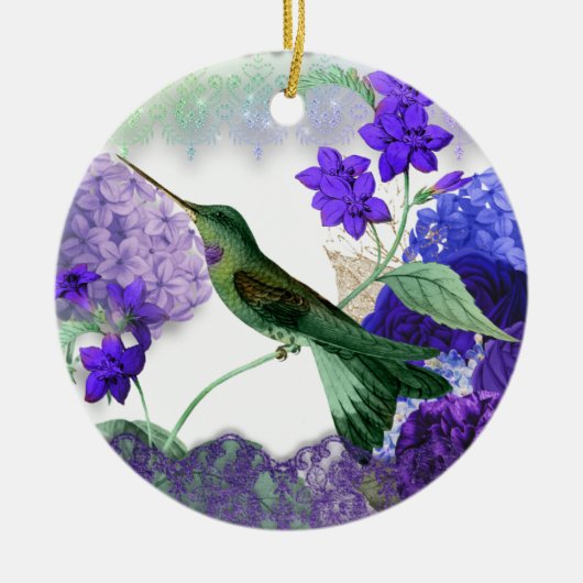 Décoration En Céramique Colibri vert, Prière de sérénité, fleurs violettes (Devant)