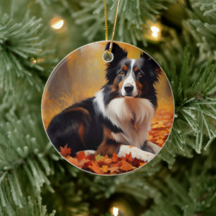 Décoration En Céramique Collie frontalier à l'automne Feuilles automne Ins
