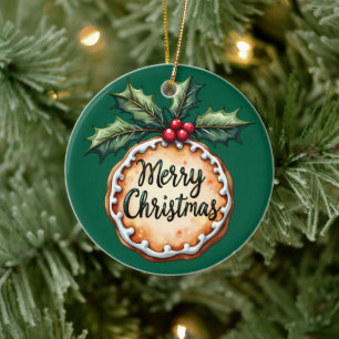 Décoration En Céramique Cookie de Noël avec des baies de houx vert