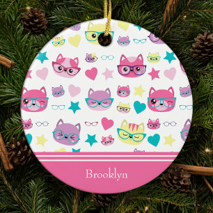 Décoration En Céramique Cool Pastel Chats avec lunettes Motif, Noël rose
