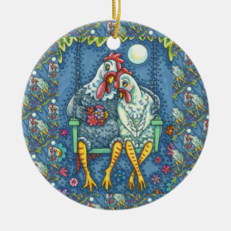 DÉCORATION EN CÉRAMIQUE COQ POULE SE CARESSE, DOUX AMOUREUX POULETS