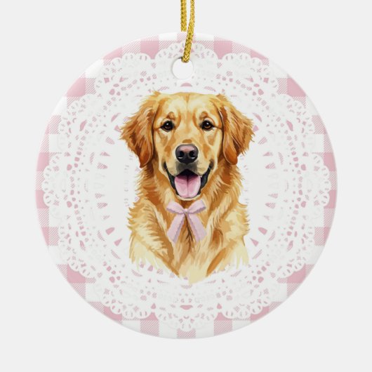 Décoration En Céramique Coquette Golden Retriever Dog Pink Gingham Bows (Devant)