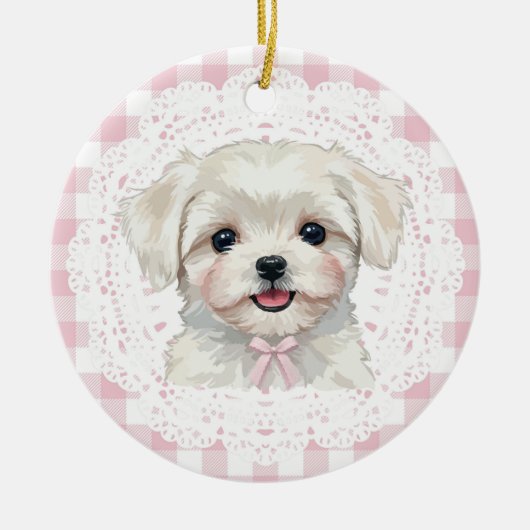 Décoration En Céramique Coquette Maltese Dog Pink Gingham Bows (Devant)