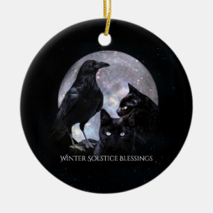 Décoration En Céramique Corbeau du solstice d'hiver et chats noirs avec bé