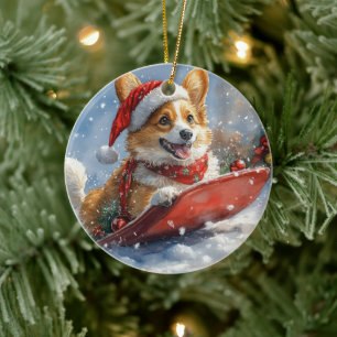 Décoration En Céramique Corgi Chien en Luge Laissez Tomber la Neige Noël