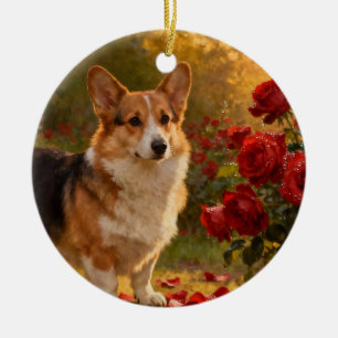 Décoration En Céramique Corgi dans les Roses V