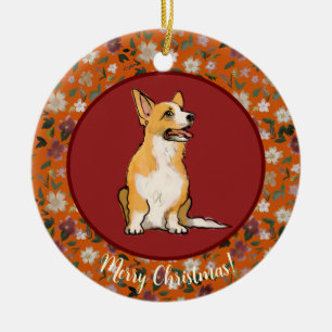 Décoration En Céramique Corgi de Noël floral