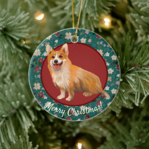 Décoration En Céramique Corgi de Noël floral