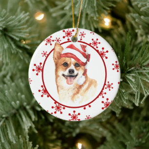 Décoration En Céramique Corgi Santa Hat Red Snowflat Noël