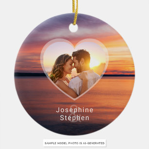 Décoration En Céramique Coucher de soleil orange Cœur Couple Photo et noms