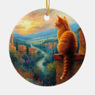 Décoration En Céramique Coucher de soleil toscan avec un chat roux