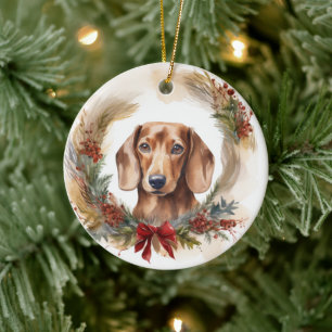 Décoration En Céramique Coupe de fête de la couronne de Noël de Dachshund