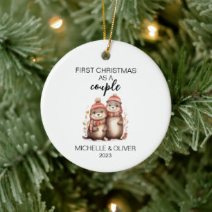 Décoration En Céramique Couple de loutres de Noël personnalisé