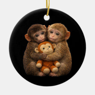 Décoration En Céramique Couple de singes mignons étreignant une peluche Si