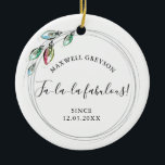 Décoration En Céramique Couple First Christmas Ornament<br><div class="desc">A perfect gift for newlyweds or anniversary weddings, this elegant acrylic Christmas ornament features your names and wedding date encircled by a string of modern holiday lights. Your last name set in a fun hand lettered typography over a solid white background. Customize this round ornament with your names to create...</div>