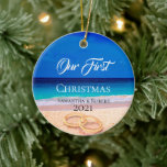 Décoration En Céramique Couples First Christmas Name Date Tropical Beach<br><div class="desc">Our first Christmas with couples name and date script ornament keepsake with white script on a tropical beach background. Just add names and date on the front and a happy new year printed on the reverse. Just pick your style.</div>