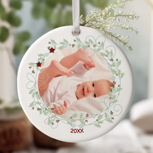 Décoration En Céramique Couronne de houx - Photo du premier Noël de bébé g