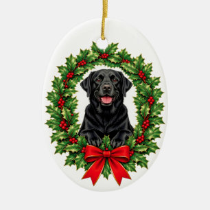 Décoration En Céramique Couronne de Noël au houx avec Labrador Retriever n