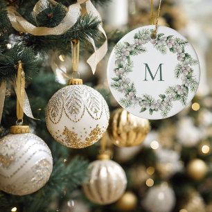 Décoration En Céramique Couronne de Noël avec monogramme et baies blanches