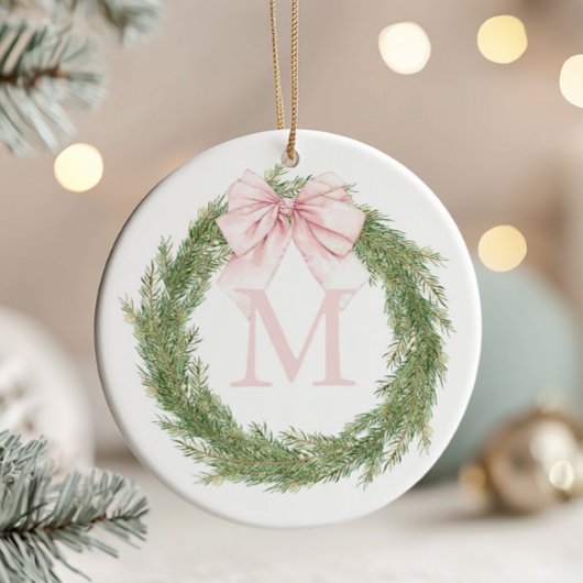Décoration En Céramique Couronne de Noël avec monogramme et nœud rose