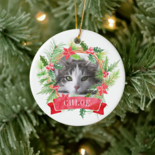 Décoration En Céramique Couronne de Noël avec photo de chat