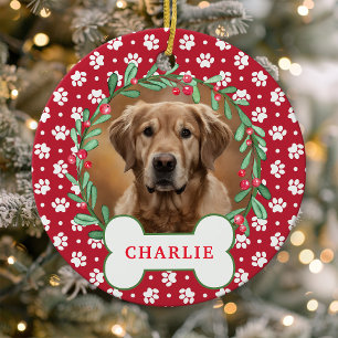 Décoration En Céramique Couronne de Noël avec photo de chien au pied rouge