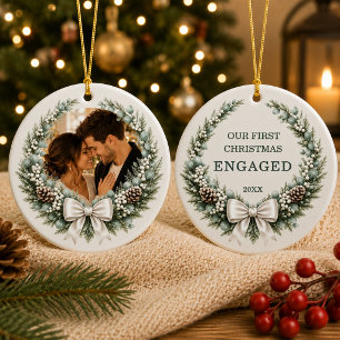 Décoration En Céramique Couronne de Noël avec photo de fiançailles et nœud