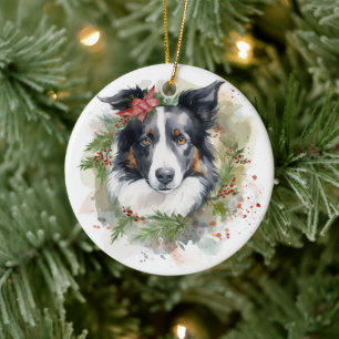 Décoration En Céramique Couronne de Noël Border Collie Chien de fête