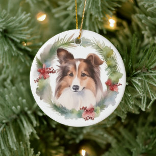 Décoration En Céramique Couronne de Noël de Shetland Sheepdog Chien festif