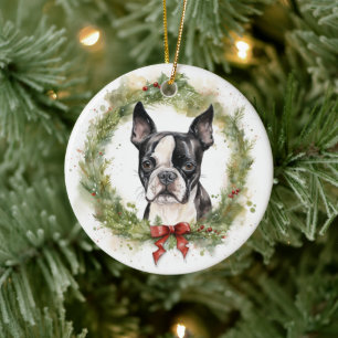Décoration En Céramique Couronne de Noël de Terrier de Boston Chien festif