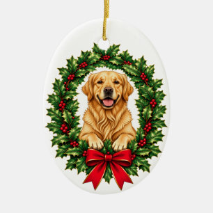 Décoration En Céramique Couronne de Noël en houx avec Retriever d'Or
