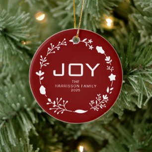 Décoration En Céramique Couronne de Noël florale Joy avec nom de famille e