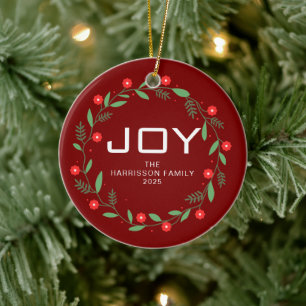Décoration En Céramique Couronne de Noël florale Joy avec nom de famille P
