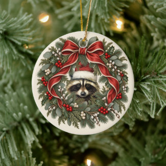 Décoration En Céramique Couronne de Noël vintage avec un raton laveur