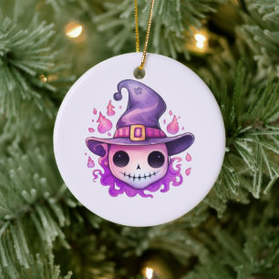 Décoration En Céramique Crâne dans un chapeau de sorcière Fantaisiste