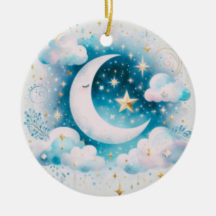 Décoration En Céramique Croissant de Lune Céleste Bleu et Blanc Bohème Mod