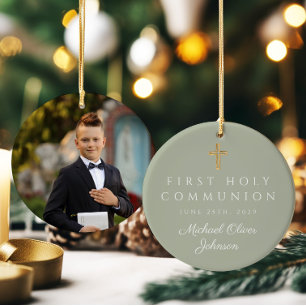 Décoration En Céramique Croix Vert Sauge Garçon Première Communion Photo
