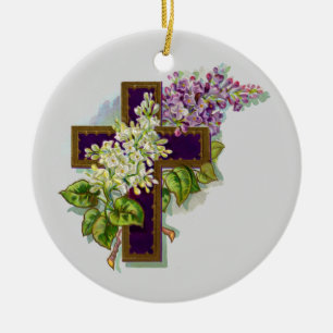 Décoration En Céramique Croix Violette Et Fleurs