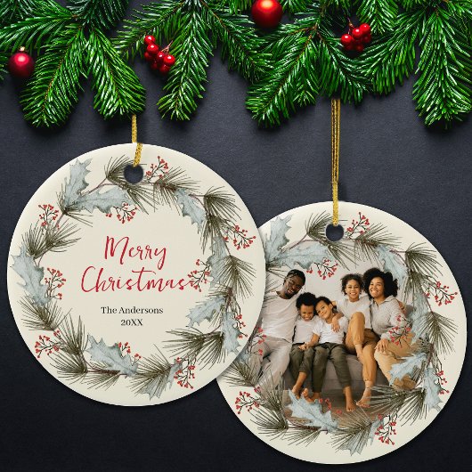 Décoration En Céramique Custom Holiday Keepsake with Wreath Family Photo