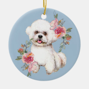 Décoration En Céramique Cute Bichon Frise avec Fleurs Aquarelles Clas d'Ar