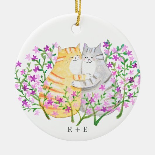 Décoration En Céramique Cute Cat Couple Flowers Custom initial name year  (Devant)