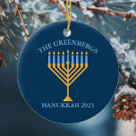 Décoration En Céramique Cute Custom Jewish Family Menorah Blue Hanoukka<br><div class="desc">Un joli ornement Hanoukka personnalisé pour un cadeau de famille juive ou parti Chanukah avec une synagogue. Personnalisez avec votre nom de famille ou informations de groupe en bleu autour de la jolie menorah bleue.</div>