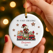 Décoration En Céramique Cute first baby Christmas patchwork bear train