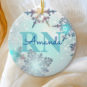 Décoration En Céramique Cute Ice Blue Snowflake Nom personnalisé RN Nurse