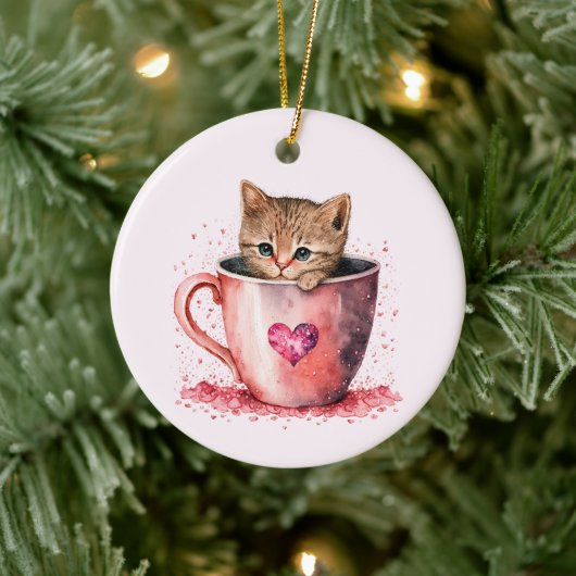 Décoration En Céramique Cute Kitten dans un Teacup avec les coeurs (Arbre)