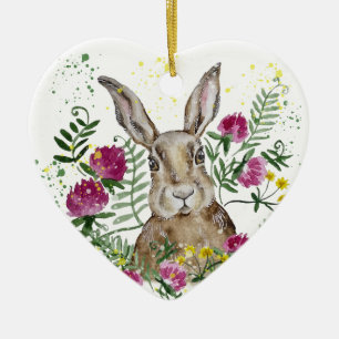 Décoration En Céramique Cute lapin en fleurs d'aquarelle