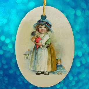 Décoration En Céramique Cute Petite fille vintage tenant poupée légère Tan