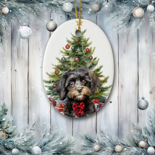 Décoration En Céramique Cute Red Bow Black Tan Cavapoo Dog Christmas